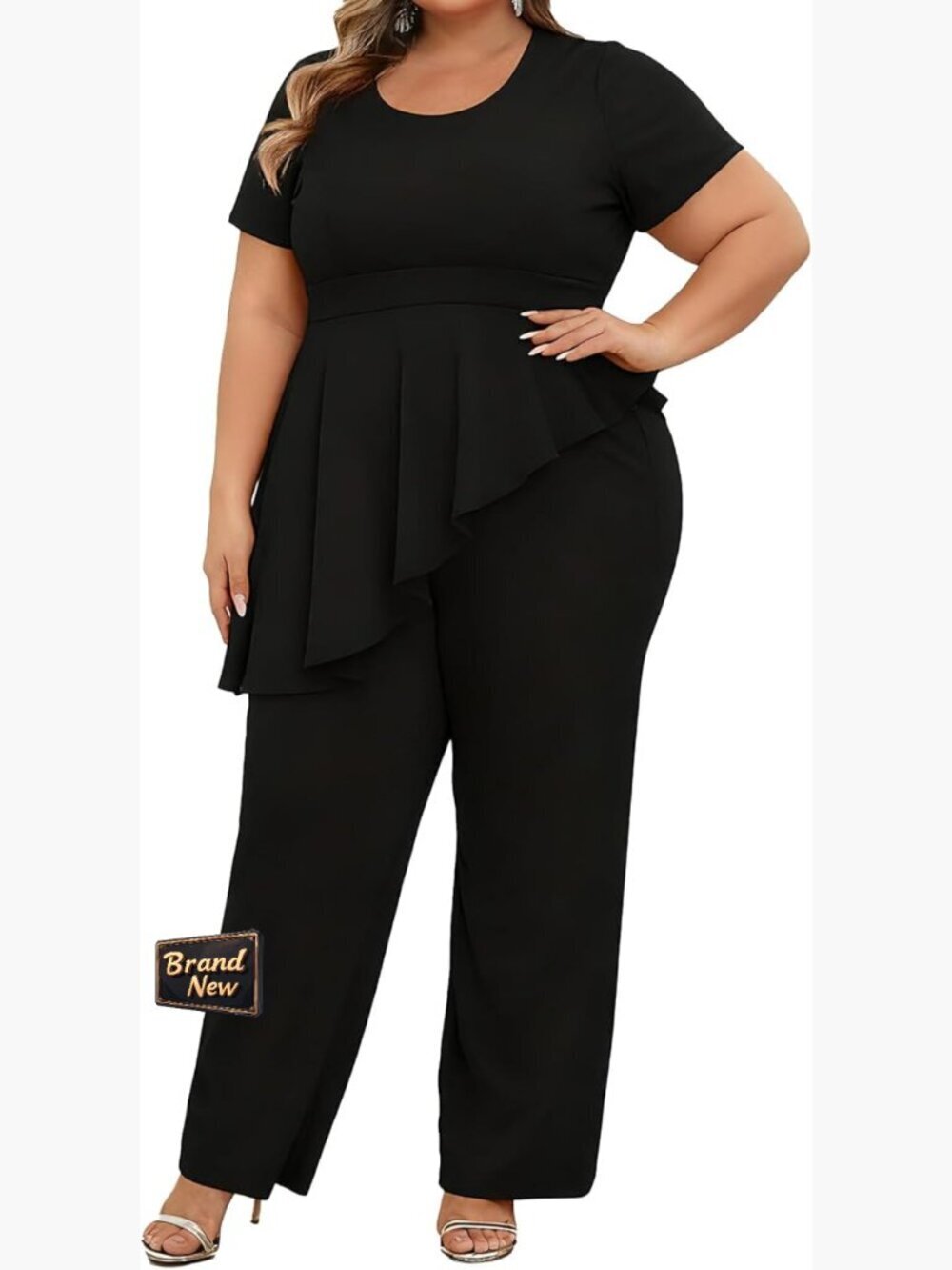 Plus Size 2 Piece Outfit Set Peplum Top Wide Leg Pants Business Suit